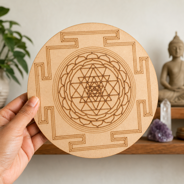 Shri Yantra Crystal Grid Board, 6" Wooden Crystal Grid Plate