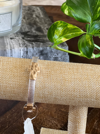 SILVER TEXTURED & GOLD CROSS STRETCH BRACELET