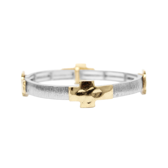 SILVER TEXTURED & GOLD CROSS STRETCH BRACELET