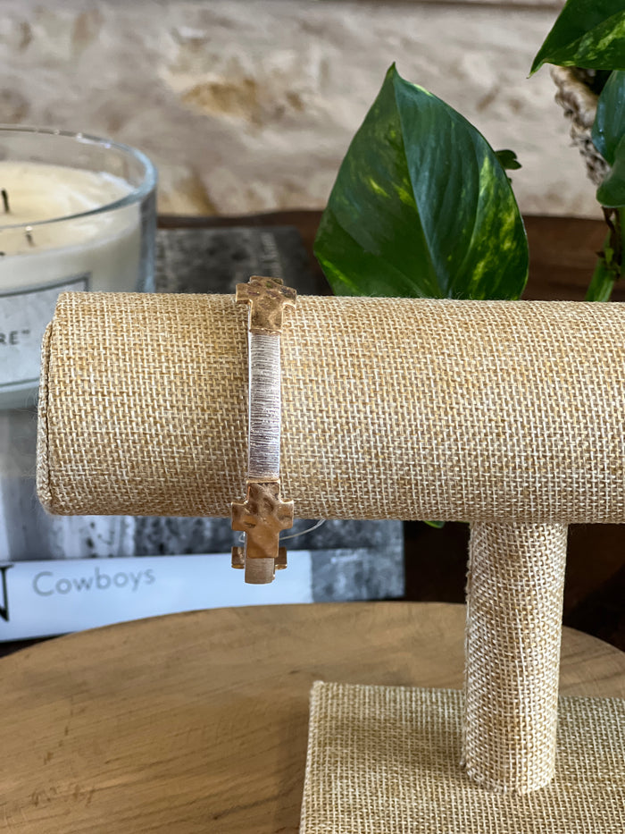 SILVER TEXTURED & GOLD CROSS STRETCH BRACELET