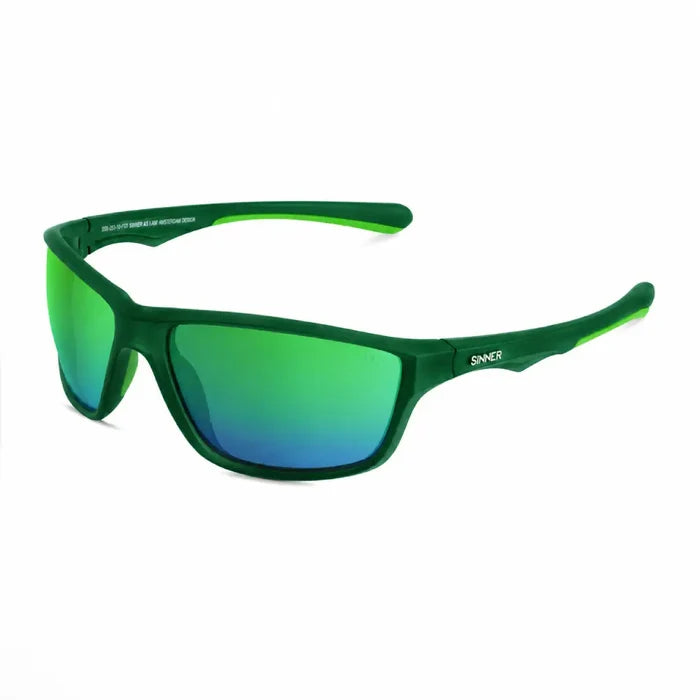 Side detail of Sinner Eyak polarised sunglasses in Cry Black on a white background
