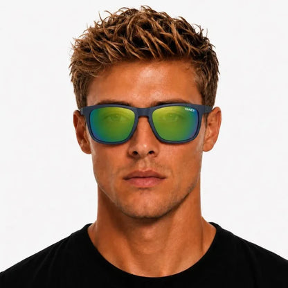 Man wearing a pair of Sinner Oak Polarised Sunglasses in navy shown from the front on a white background