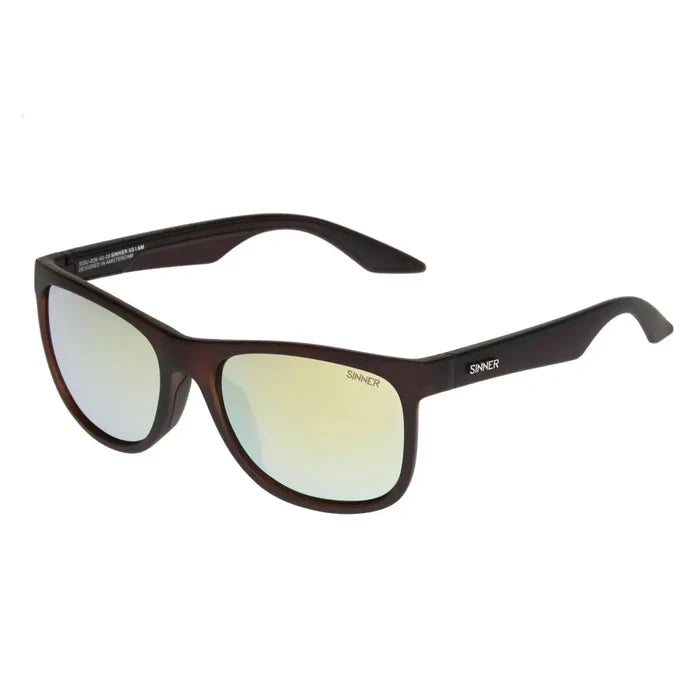Sinner Rockford polarised sunglasses in matte brown colour shown from the side on a white background
