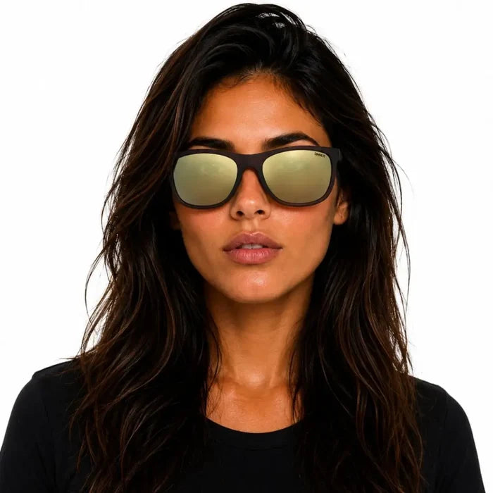 Woman wearing Sinner Rockford polarised sunglasses in matte brown colour shown from the front on a white background