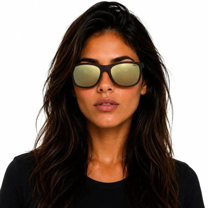 Woman wearing Sinner Rockford polarised sunglasses in matte brown colour shown from the front on a white background