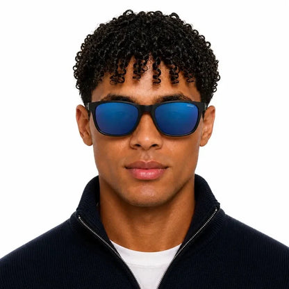 Man wearing Sinner Rockford polarised sunglasses in matte black colour shown from the front on a white background