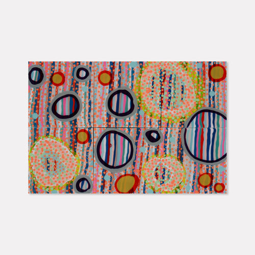 The artwork 'Six-Pack' by Lori Kirkbride features abstract circular patterns with vibrant stripes and dots. Blue and black concentric circles intermingle with neon yellow rings, set against a backdrop of vertical striped patterns in coral pink and turquoise. The acrylic and resin piece creates a playful, rhythmic composition on panel, measuring 24x36 inches.