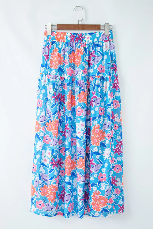 Sky Blue Floral Printed High Waist Split Wrap Long Skirt - S / 100% Polyester - Skirts/Maxi