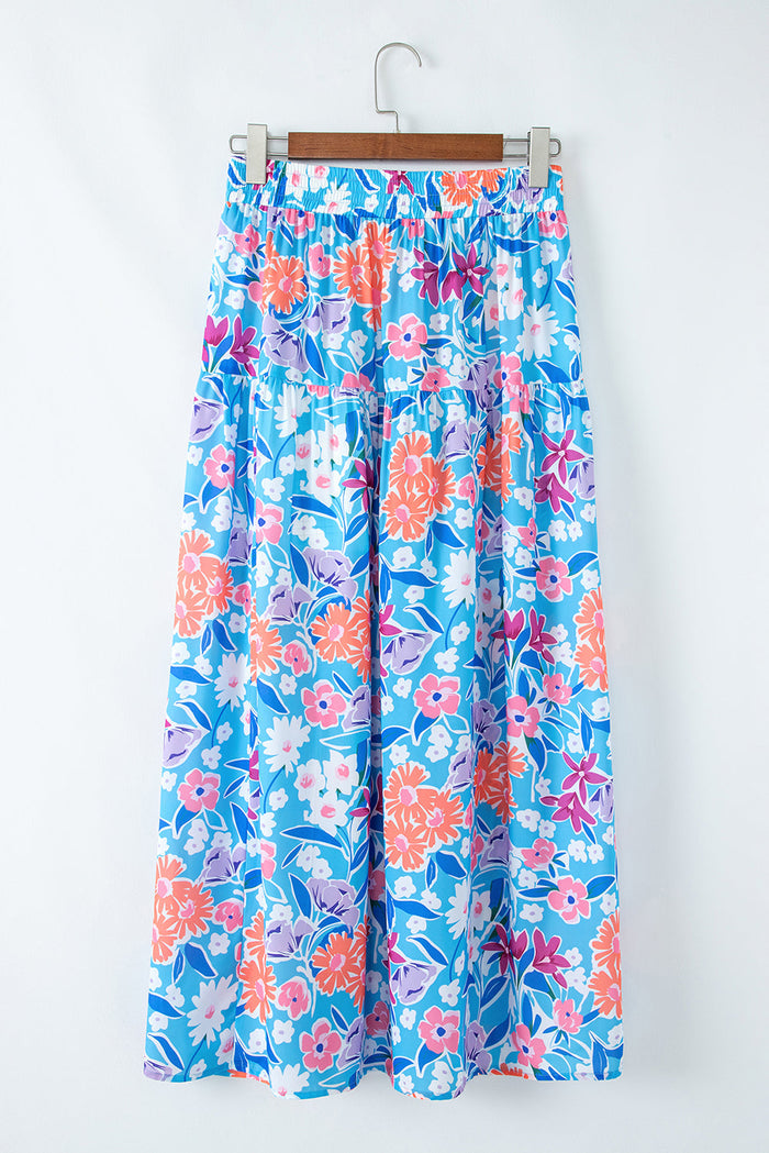 Sky Blue Floral Printed High Waist Split Wrap Long Skirt - Skirts/Maxi