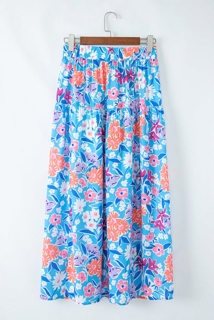 Sky Blue Floral Printed High Waist Split Wrap Long Skirt - Skirts/Maxi