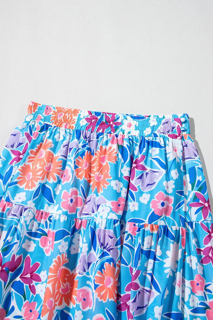 Sky Blue Floral Printed High Waist Split Wrap Long Skirt - Skirts/Maxi