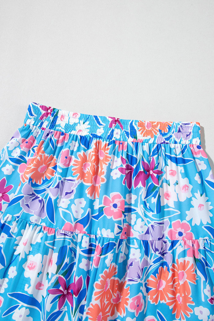 Sky Blue Floral Printed High Waist Split Wrap Long Skirt - Skirts/Maxi