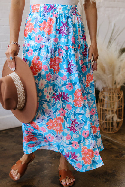 Sky Blue Floral Printed High Waist Split Wrap Long Skirt - Skirts/Maxi