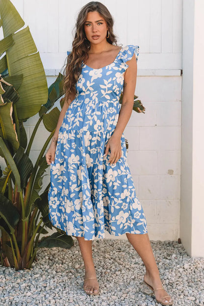 Sky Blue Floral U Neck Flutter Shoulder Tiered Flowy Midi Dress - S / 100% Polyester - Dresses/Midi Dresses
