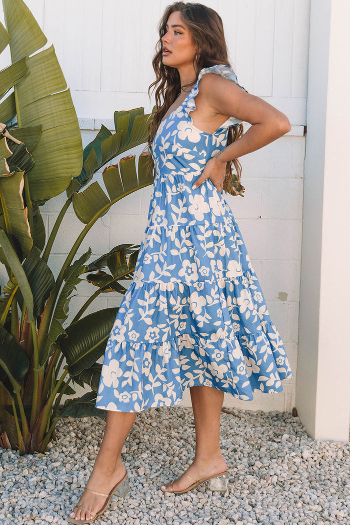Sky Blue Floral U Neck Flutter Shoulder Tiered Flowy Midi Dress - Dresses/Midi Dresses