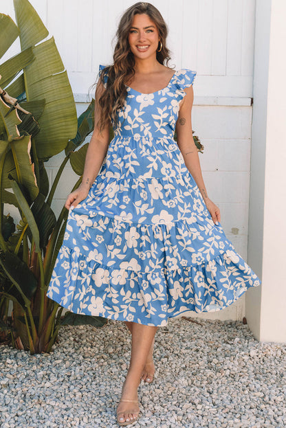 Sky Blue Floral U Neck Flutter Shoulder Tiered Flowy Midi Dress - Dresses/Midi Dresses