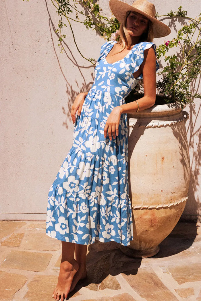 Sky Blue Floral U Neck Flutter Shoulder Tiered Flowy Midi Dress - Dresses/Midi Dresses