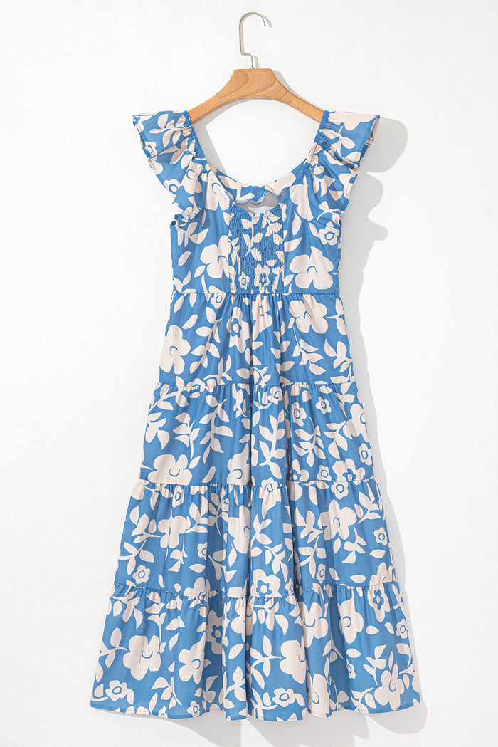 Sky Blue Floral U Neck Flutter Shoulder Tiered Flowy Midi Dress - Dresses/Midi Dresses