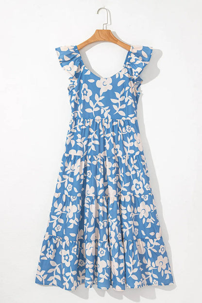 Sky Blue Floral U Neck Flutter Shoulder Tiered Flowy Midi Dress - Dresses/Midi Dresses