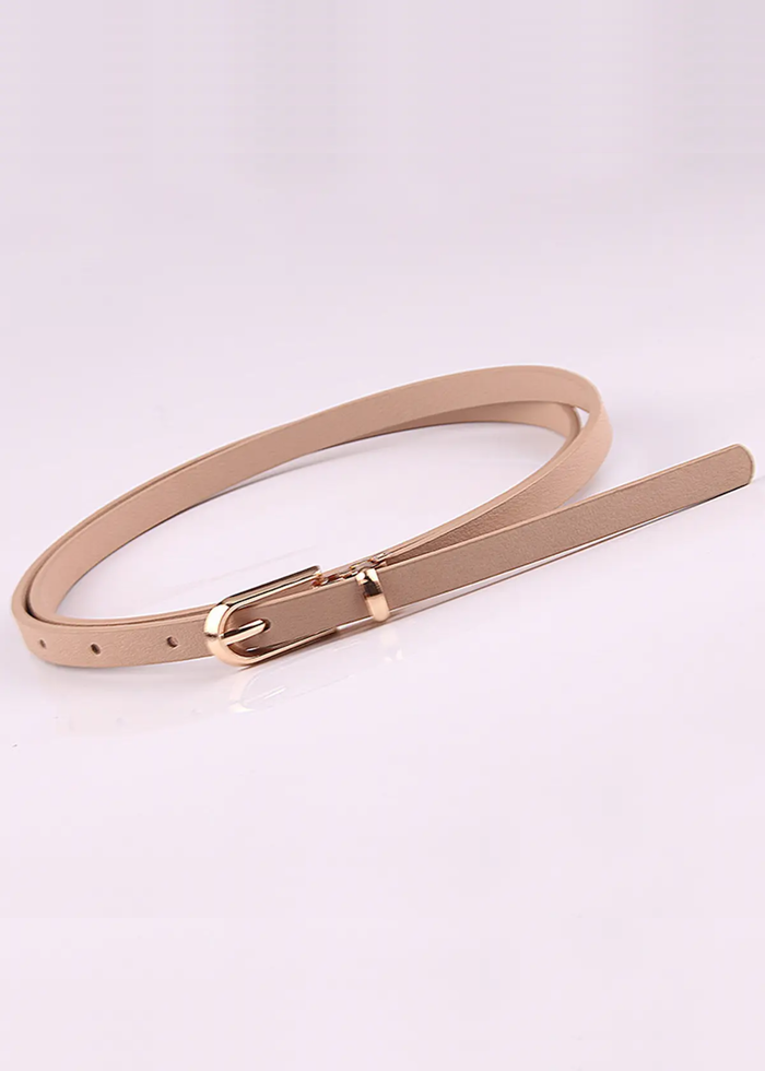 Khaki colored belt with a gold buckle