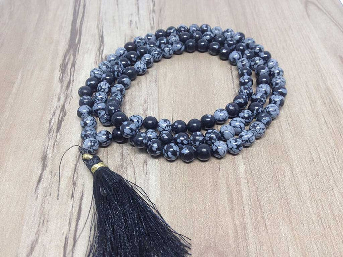 Snowflake Black Obsidian Mala With 108 Prayer Beads Jap Mala.