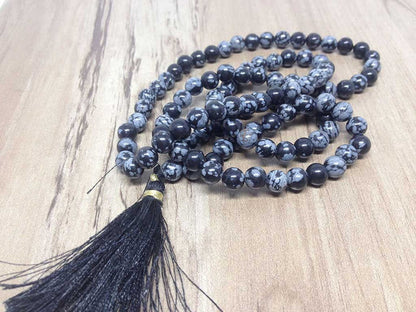 Snowflake Black Obsidian Mala With 108 Prayer Beads Jap Mala.