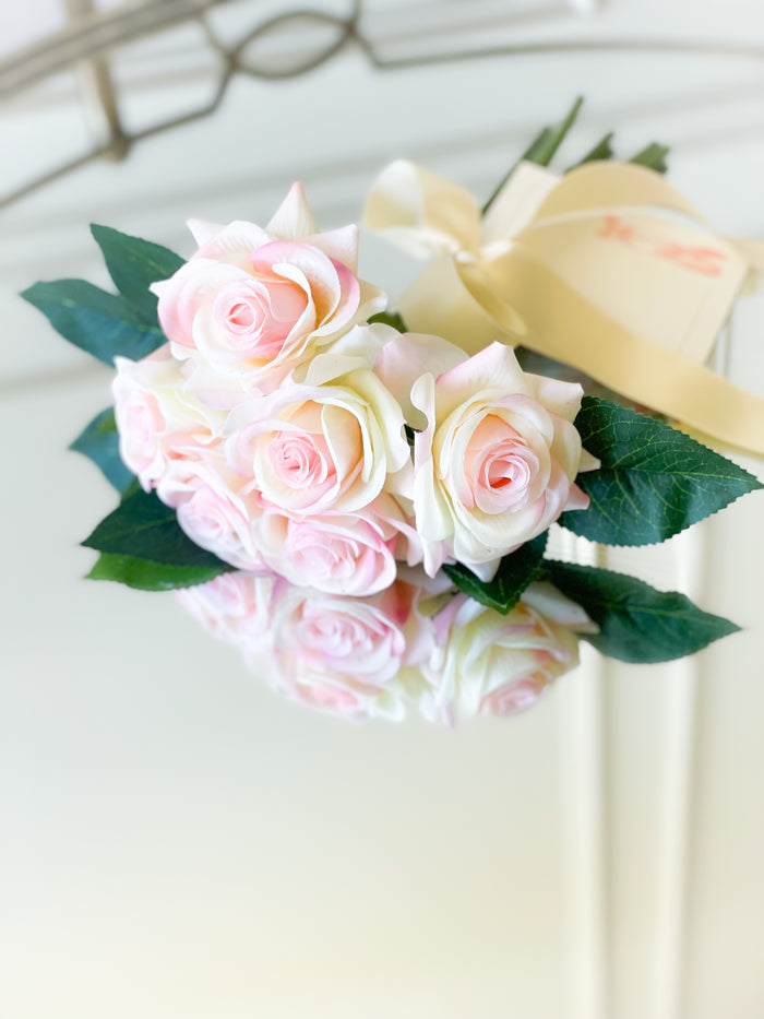 Soft Pink Rose Bouquet With Satin Bow And Dance Card