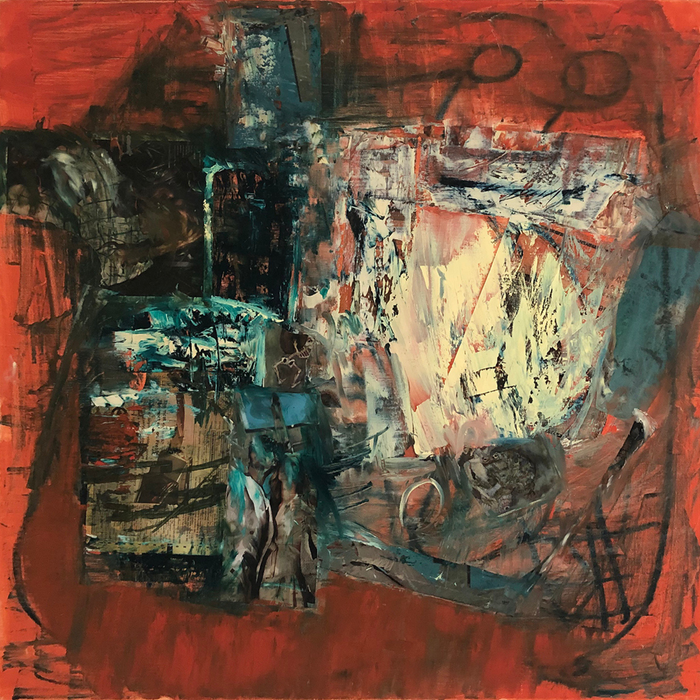 The artwork 'Soul Cage #2' by Petra Nimtz features an abstract expressionist composition with dynamic brushstrokes in deep crimson, teal, and pale yellow. The oil on linen painting showcases textural contrasts through layered paint, creating a dramatic interplay of dark and light elements against a rich red background, measuring 36x36 inches.