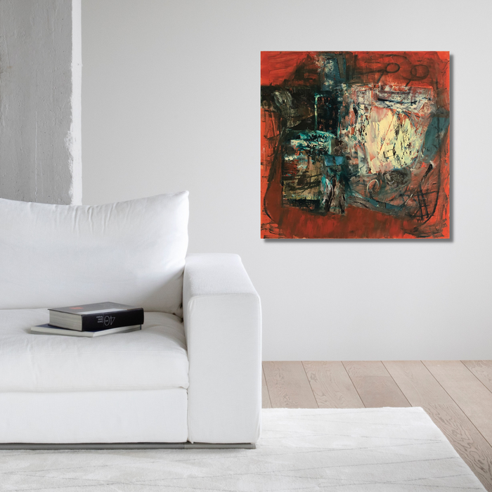 The artwork 'Soul Cage #2' by Petra Nimtz features an abstract composition with deep rust-red background and dynamic interplay of teal, black, and cream forms. Bold brushstrokes create textural elements while curved lines suggest movement through the canvas. The oil on linen painting combines earthy and cool tones in a contemplative modern expressionist style. By Petra Nimtz.