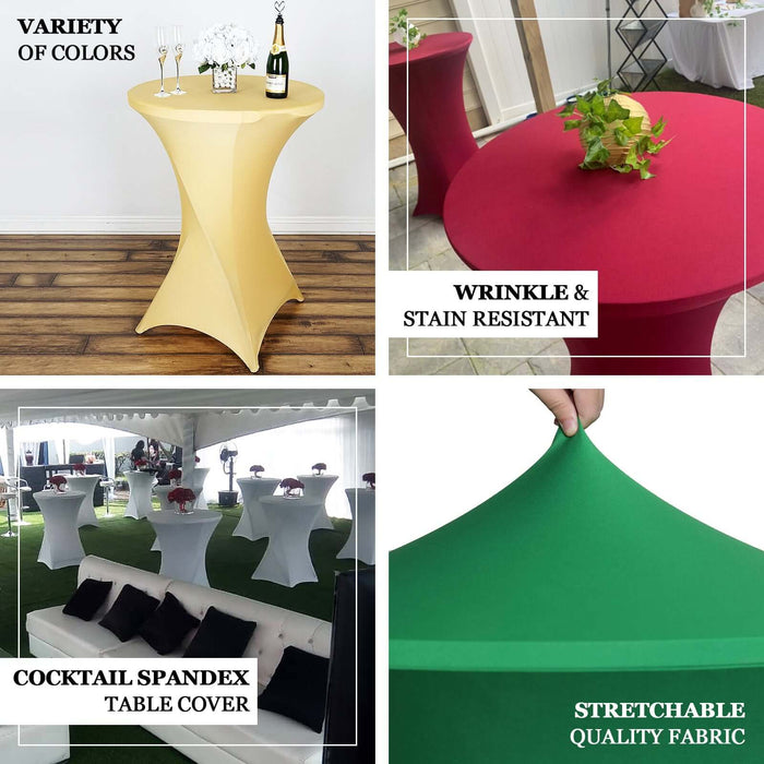 Cocktail spandex table covers in various colors, showcasing wrinkle-resistant fabric.