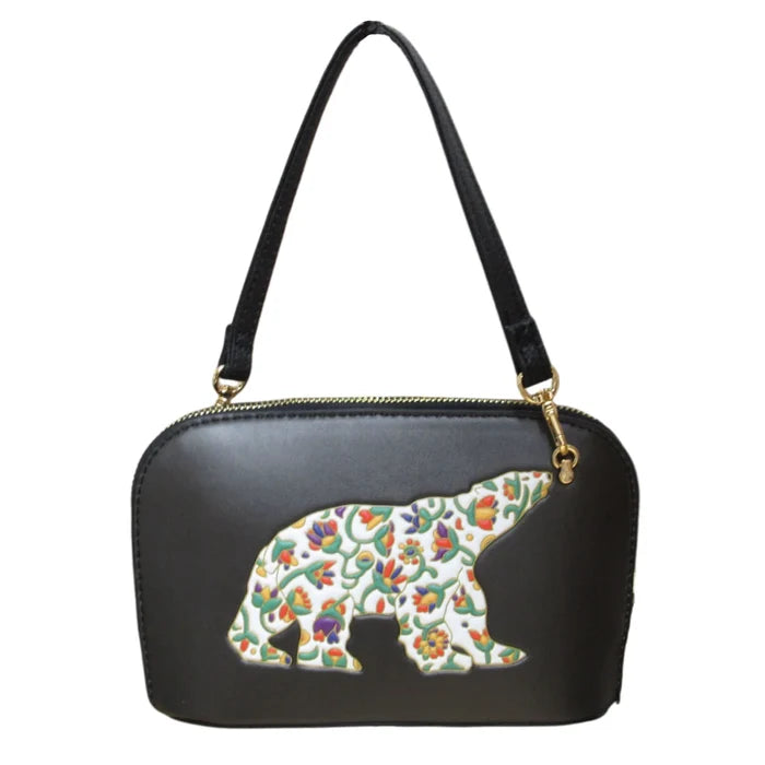 Spring Bear Convertible Crossbody Bag featuring Indigenous artwork by Dawn Oman, showcasing a bear design.