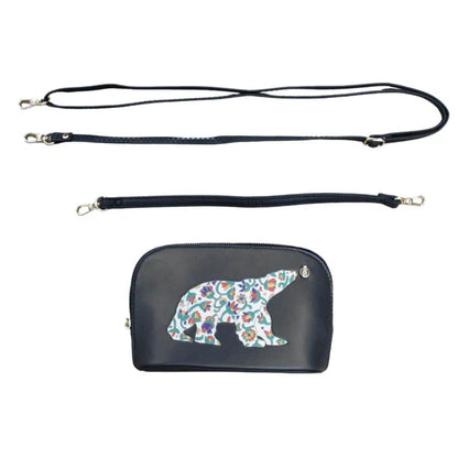 Black pouch with floral bear design and detachable strap on a white background
