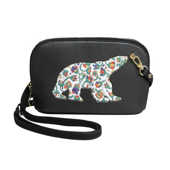 Black crossbody bag with a colorful bear silhouette on a white background