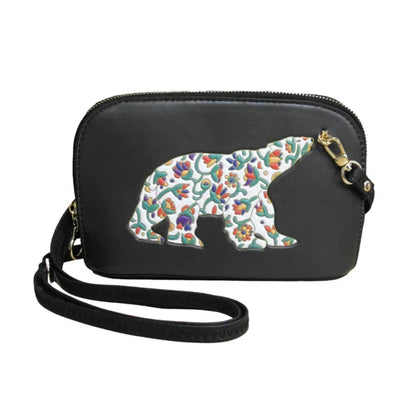Black crossbody bag with a colorful bear silhouette on a white background