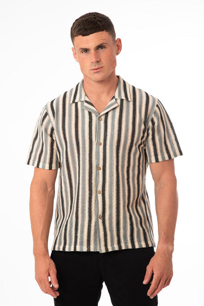 Stripe Crochet Knit Camp Collar Shirt