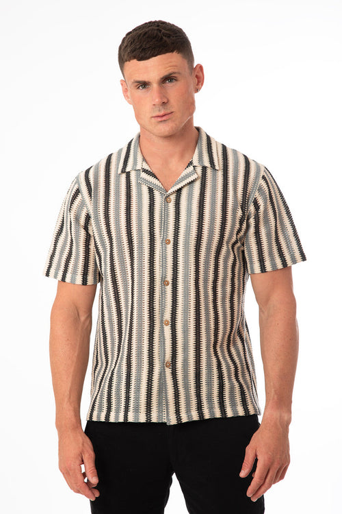Stripe Crochet Knit Camp Collar Shirt