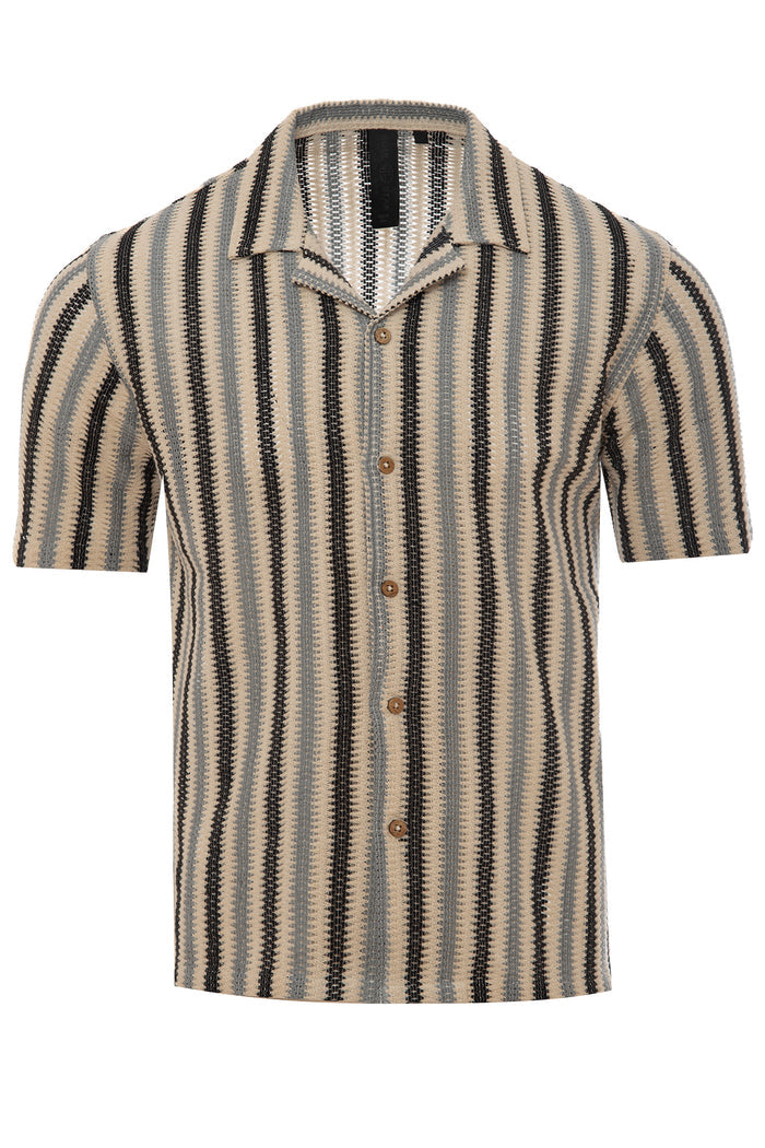Stripe Crochet Knit Camp Collar Shirt