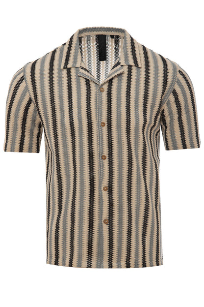 Stripe Crochet Knit Camp Collar Shirt
