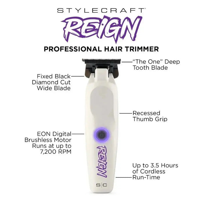 Stylecraft Reign professional hair trimmer with features highlighted on a white background