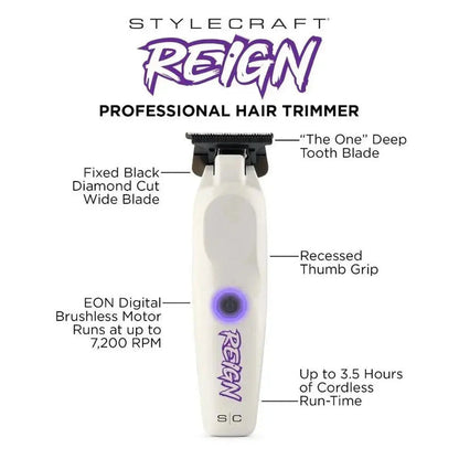 Stylecraft Reign professional hair trimmer with features highlighted on a white background