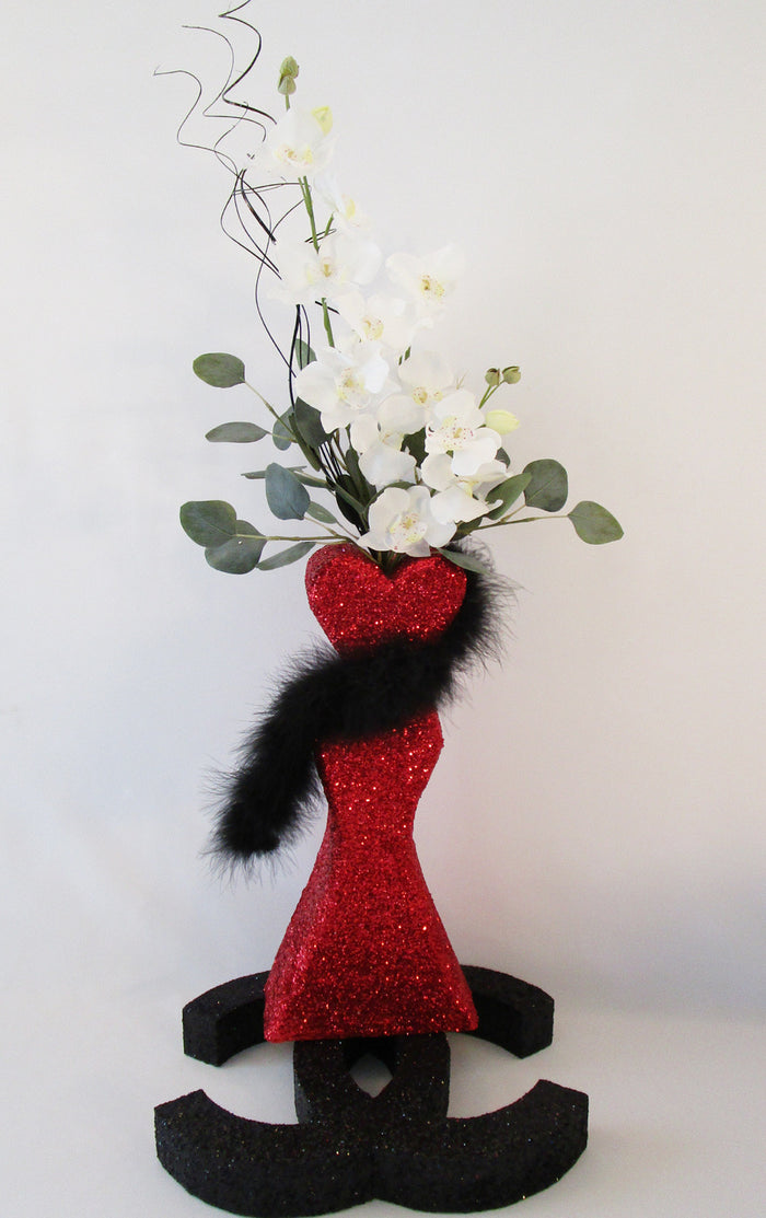 Styrofoam Dress shape form & silks on CC cutout centerpiece - Designs by Ginny