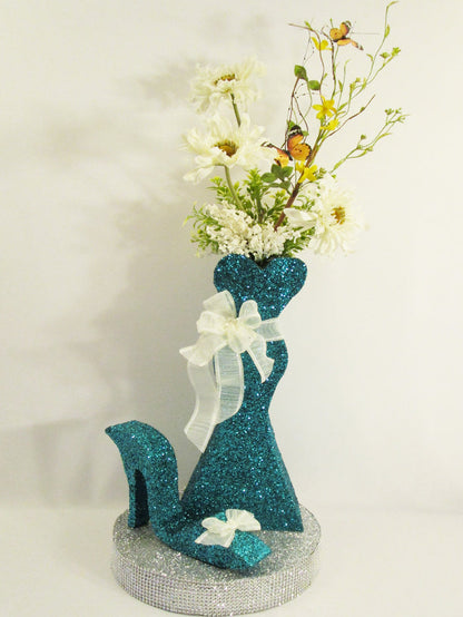Styrofoam dress & shoe on rhinestone base centerpiece - Designs by Ginny