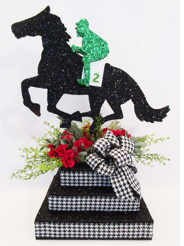 Styrofoam Horse & jockey centerpiece on 3 tier base - Designs by Ginny