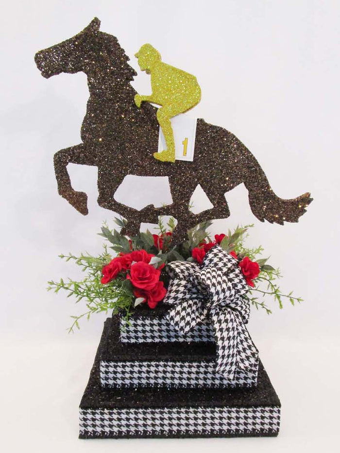 Styrofoam Horse & jockey centerpiece on 3 tier base - Designs by Ginny