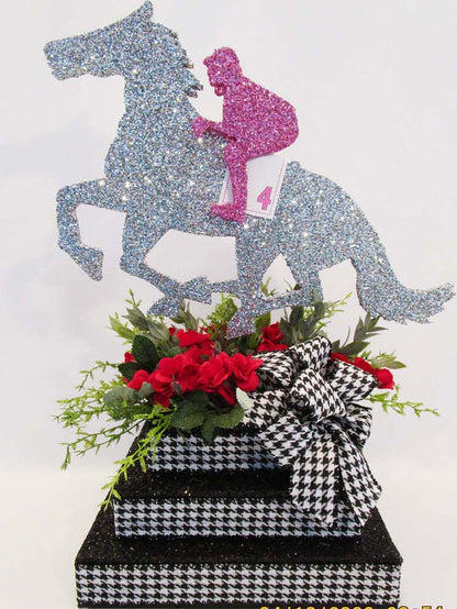 Styrofoam Horse & jockey centerpiece on 3 tier base - Designs by Ginny