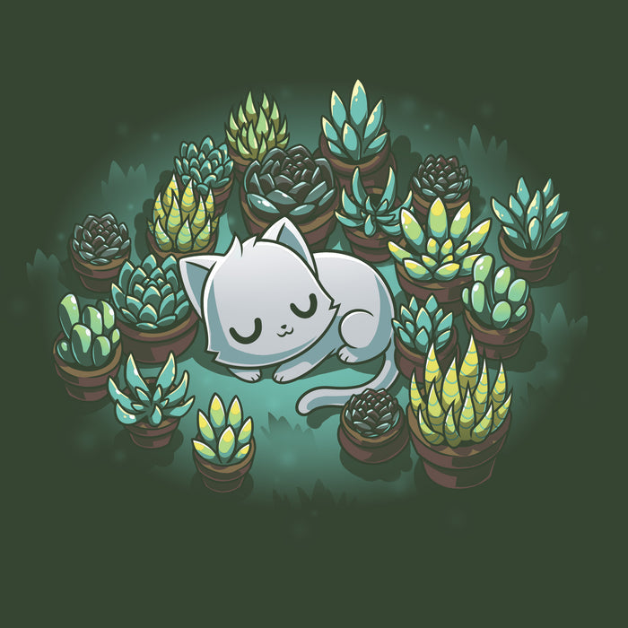 Classic Cotton T-shirt_TeeTurtle forest green Succulent Garden apparel featuring a white cat curled up sleeping, surrounded by various green and yellow succulent plants in pots.
