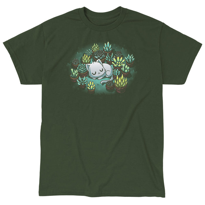 Classic Cotton T-shirt_TeeTurtle forest green Succulent Garden apparel featuring a white cat curled up sleeping, surrounded by various green and yellow succulent plants in pots.