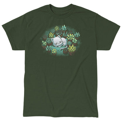 Classic Cotton T-shirt_TeeTurtle forest green Succulent Garden apparel featuring a white cat curled up sleeping, surrounded by various green and yellow succulent plants in pots.