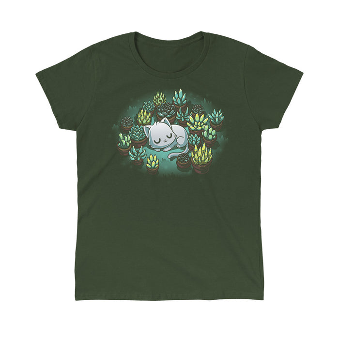Classic Cotton T-shirt_TeeTurtle forest green Succulent Garden apparel featuring a white cat curled up sleeping, surrounded by various green and yellow succulent plants in pots.