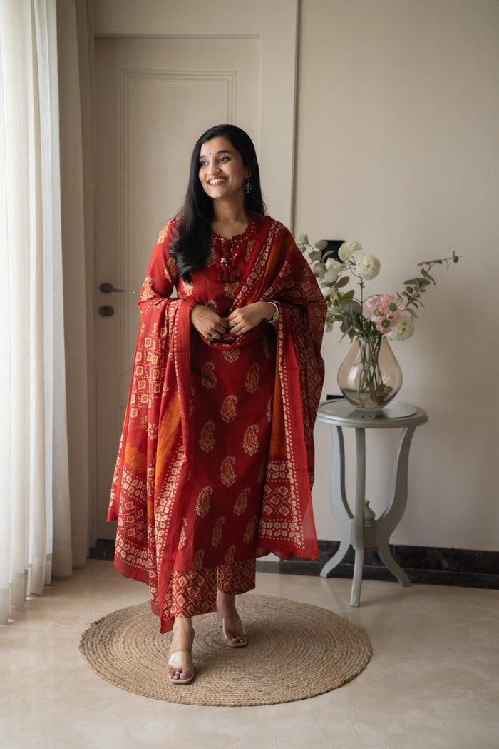 Suhani Batik Cotton Suit- Red